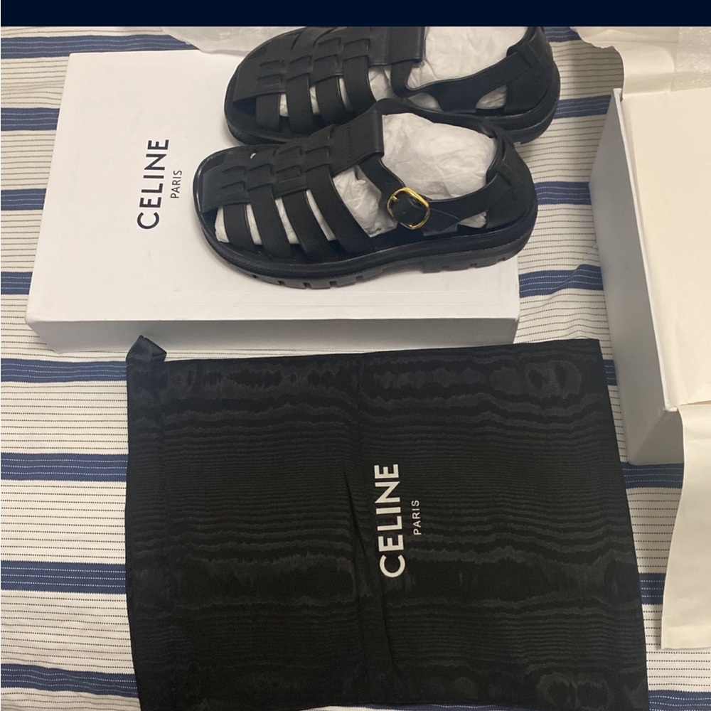 Celine Black Leather Woven Buckle Sandals size 7 1/2 women or size 36